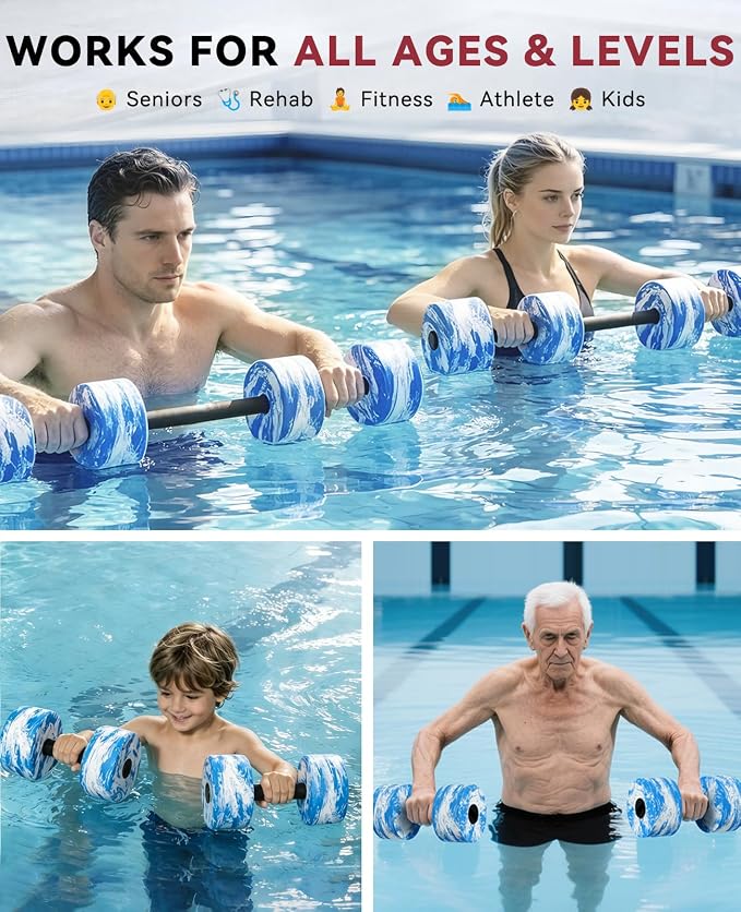 HAPBEAR 3-in-1 Aquatic Exercise Dumbbells, Adjustable Water Weights for Pool Exercise, High-Density EVA Foam Barbell for Water Aerobics Equipment, Physical Therapy & Joint-Friendly Strength Training