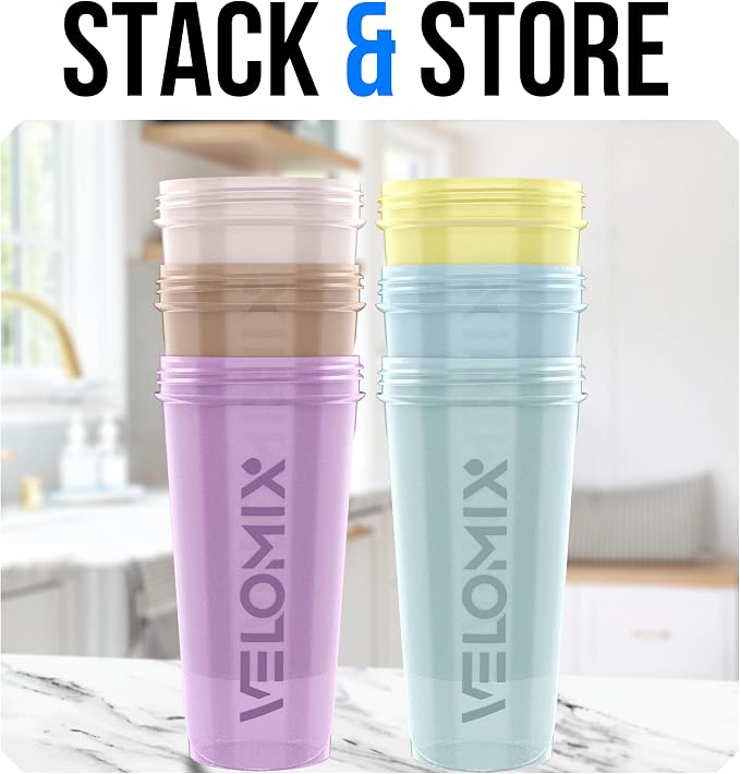VELOMIX 6 Pack 28oz Protein Shaker Bottle, Pastel Power Series | 6x Wire Whisk, Leak Proof Shaker Cups for Protein Shakes, Stackable, Dishwasher safe, BPA free, Pre Workout and Fitness ready