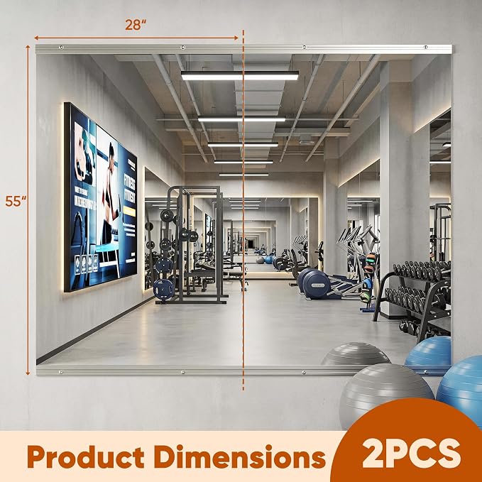 Home Gym Mirror, 55" x 28.5" - 2PCS, Large Full Length Mirror Wall Mounted for Yoga, Frameless Tempered Glass for Home Gym, Dance Studio, Living Room, Bathroom