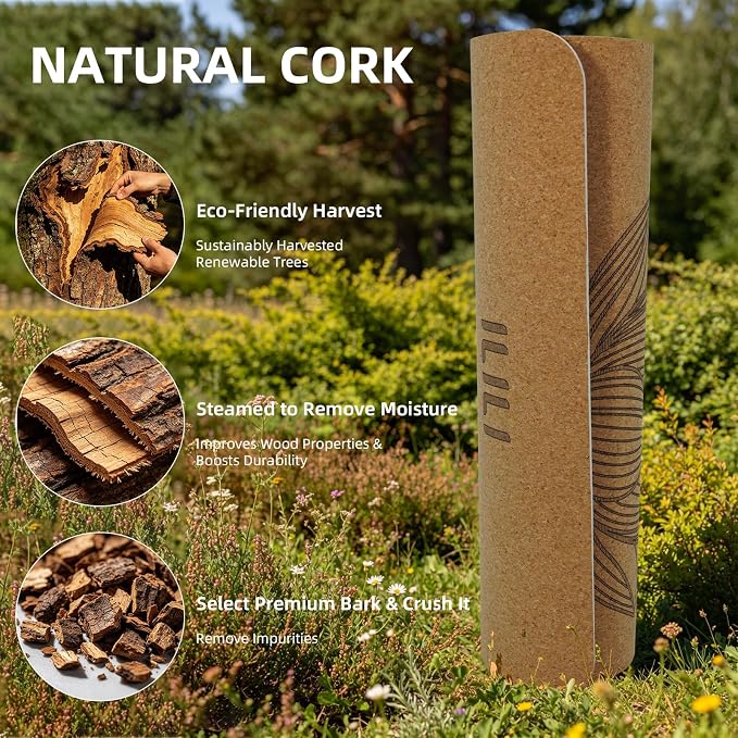 ILILI Eco-Friendly Cork Yoga Mat 1/4 inch Thick, 72''L*26''W, Non Slip Lightweight Cork and TPE Soft Exercise & Fitness Mat, Ideal for All Types of Yoga, Home, Gym & Studio Workouts