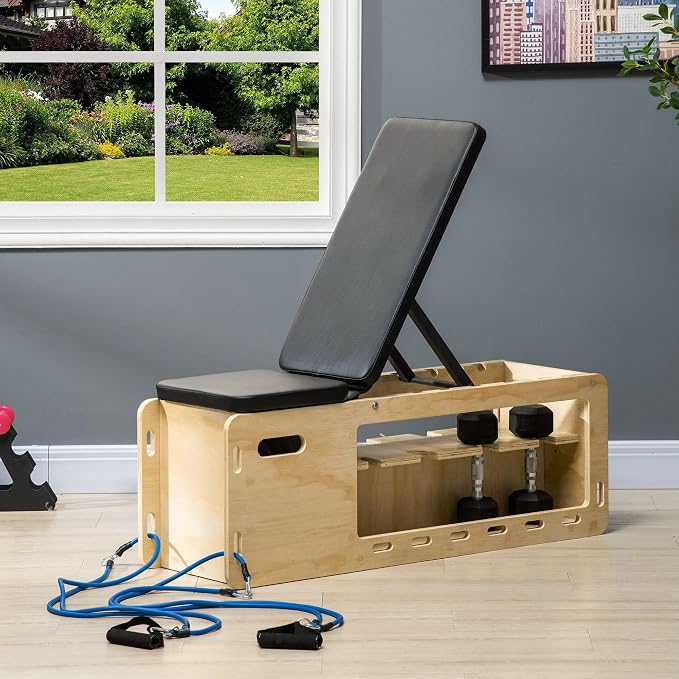 Soozier Adjustable Weight Bench Workout Bench Storage Rack Resistance Rope | Incline Bench, Weight Lifting Equipment, Home Gym, Arms & Chest Strength Training