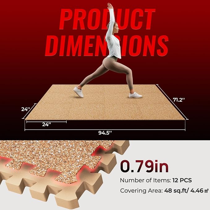SUPERJARE 0.79'' Extra-Thick Exercise Equipment Mats, 12 Pcs 48 Sq Ft Rubber Top Floor Tiles with High Density EVA Foam, Interlocking Gym Flooring for Home Gym, Workout Mat, Wood