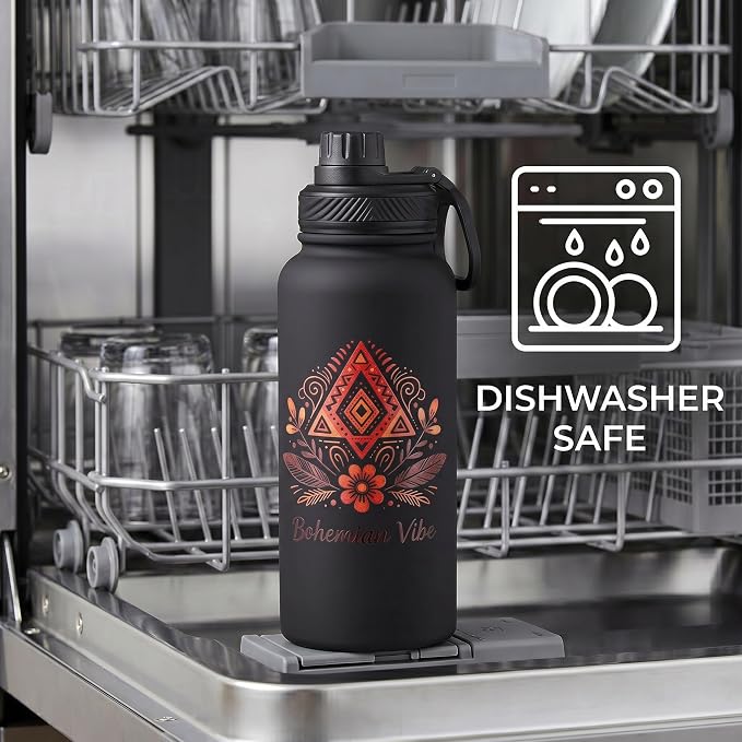 Black Insulated 32 oz Metal Leakproof Water Bottle | 1 Liters Stainless Steel Water Flask, Big Sports Travel Mens Water Bottle for Gym,Hiking,Large Thermal Bottle with 2 Lids