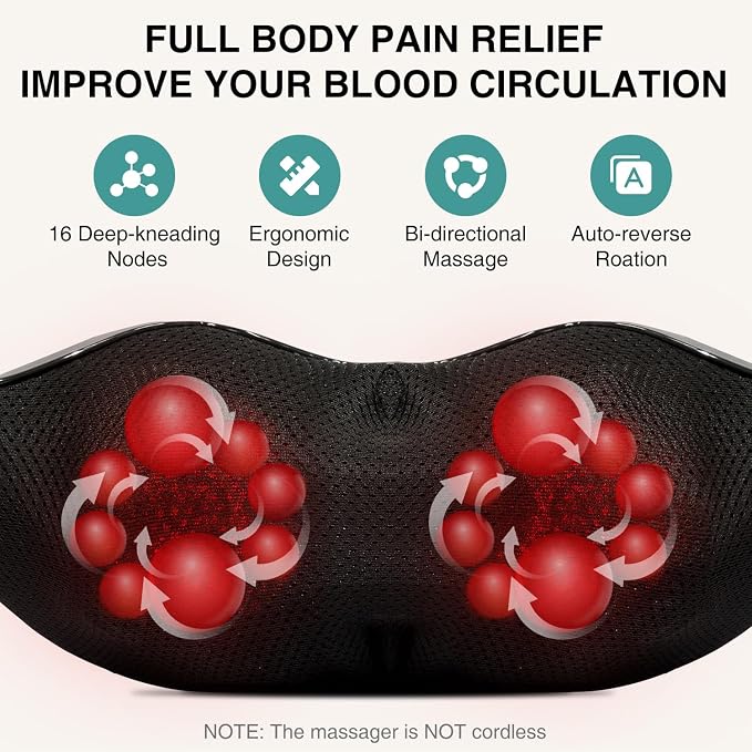 Nekteck Shiatsu Neck Massager with Heat for Pain Relief, Gray, NOT Cordless | 2026 Upgraded 3D Back Shoulder Kneading Massage Pillow, 3 Intensity Speeds Deep Tissue, Relaxation Gifts for Men Women