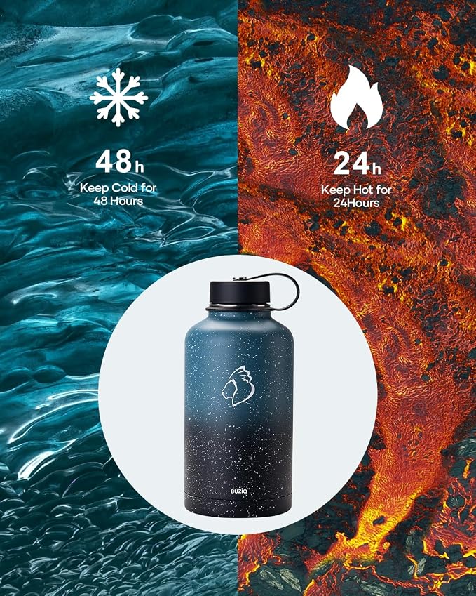 BUZIO 64 oz Insulated Stainless Steel Water Bottle with Dust-proof Lids | Half Gallon Water Jug (Dishwasher Safe), Cold for 48 Hrs, Triple Wall with Copper Plating, for Gym, Hiking, Camping, Black