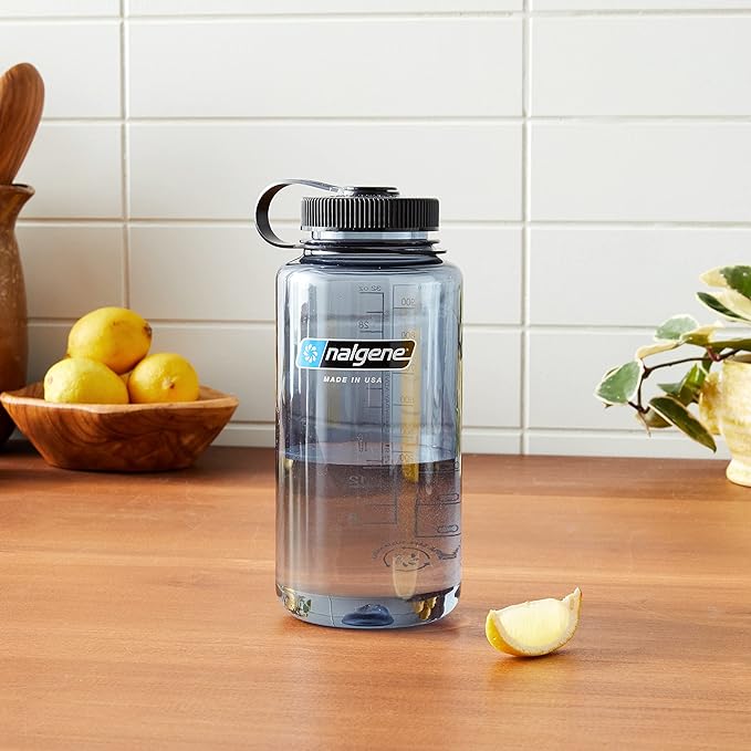 Nalgene 32 oz Wide Mouth Water Bottle, Gray w/ Black Lid | BPA-Free, Durable & Lightweight, Leak Proof, Dishwasher Safe, Large Reusable Plastic Bottle for Hiking, Gym, Work & Travel