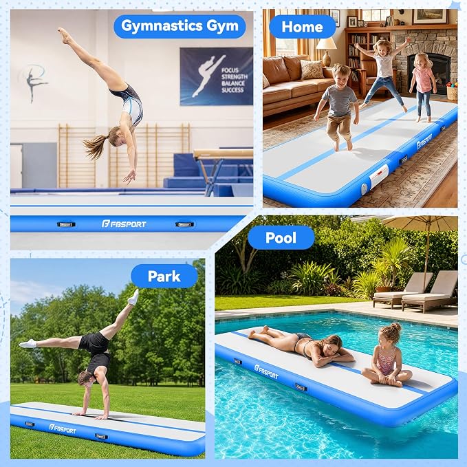 FBSPORT 6.6ft/10ft/13ft/16ft/20ft Inflatable Air Gymnastics Training Mat | 4/6/8 inches Thickness Inflatable Mat, with Electric Pump, Suitable for Home Training/Cheerleading/Yoga/Water