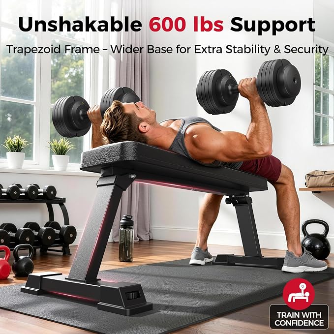 FLYBIRD Foldable Flat Weight Bench for Home Gym, 600/1000 lbs Capacity with Dual Locking for Strength Training, Easy Setup & Storage for Small Apartments, Lifting, Hip Thrust, Dumbbell Workout (A-Red)