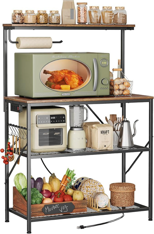 Huuger 4-Tier Bakers Rack with Reversible Power Outlet, 31.5 Inch Microwave Stand, Kitchen Coffee Bar, with Top Shelf, 6 S Hooks, Rustic Brown