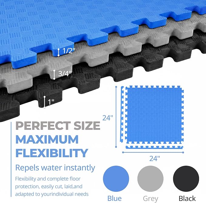 HulkFit Puzzle Exercise Mat, 1 Inch EVA Interlocking Foam Floor Tiles Workout Mat for Home Gym Equipment, MMA, Gymnastics, Shock-Absorbing Workout Mat for Garage Flooring and Apartments, 6 Tiles