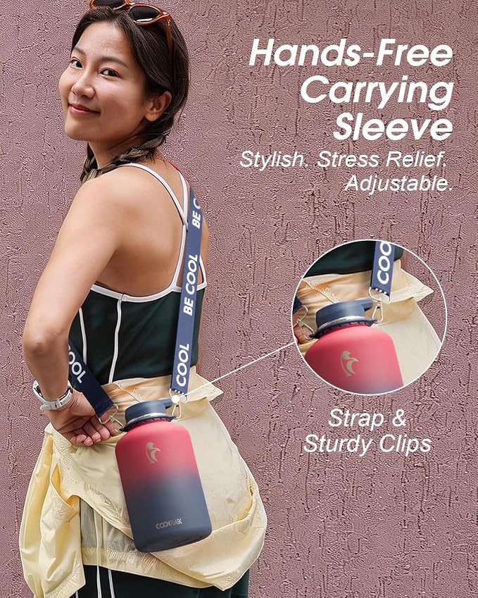 Coolflask Half Gallon Water Bottle Insulated Stainless Steel with Strap | 64 oz Large Water Jug with Straw & Spout Lids,Triple-Wall, Cold 48+h,Dishwasher Safe, Leakproof, BPA-Free,for Gym & Hiking