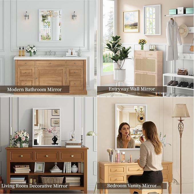 Syndra White Wood Frame Bathroom Mirror, 22''x30'' Modern Vanity Mirror for Wall, Waterproof Slim Deep Frame, Rectangular HD Tempered Glass Mirror for Living Room, Bedroom, Entryway, Rustic, Farmhouse