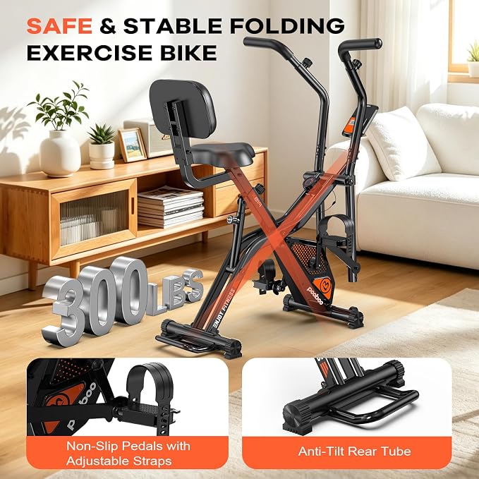 pooboo Folding Exercise Bike, Foldable Upright Stationary Bike, Indoor Cycling Magnetic X-Bike with 8-Level Adjustable Resistance, 6.6 LBS Flywheel, 300LB Capacity, Back Support Cushion for Home Gym