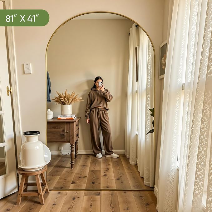 Floor Mirror, 81"x41" Oversized Full Length Mirror with Stand, Arched Full Body Mirror Standing Hanging Leaning Against Wall, Aluminum Frame Giant Mirrors for Bedroom Cloakroom, Gold