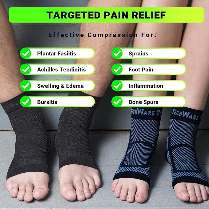 TechWare Pro Ankle Brace Compression Sleeve - Plantar Fasciitis Sock. Relieves Achilles Tendonitis. Foot Arch Support Reduces Joint Pain, Swelling & Heel Spur Pain. Injury Recovery Braces for Sports