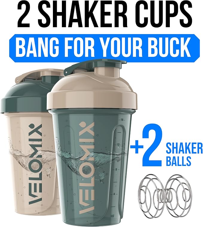 VELOMIX 2 Pack 20oz Protein Shaker Bottle for Protein Mixes, Blue&Beige | 2x Wire Whisk, Leak Proof Shaker Cups for Protein Shakes, Stackable, Dishwasher safe, BPA free, Pre Workout and Gym ready