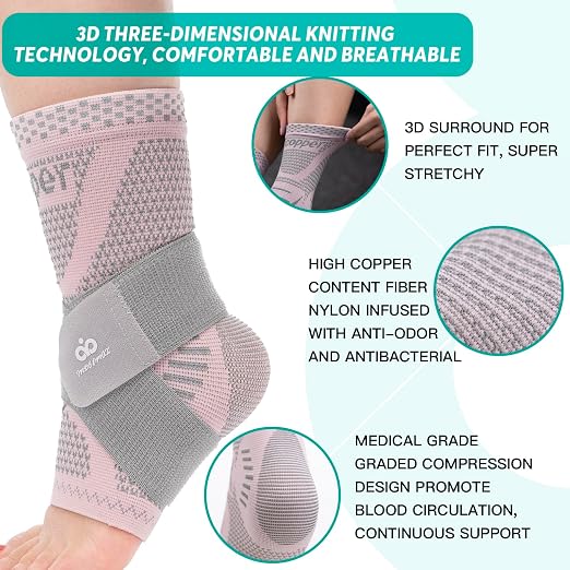 INDEEMAX Ankle Brace for Sprained Ankle Compression Sleeve, 2 Pack Copper Infused Ankle Support Brace for Women & Men, Plantar Fasciitis Relief Achilles Tendonitis, Sports Running, Pink Silver, XL