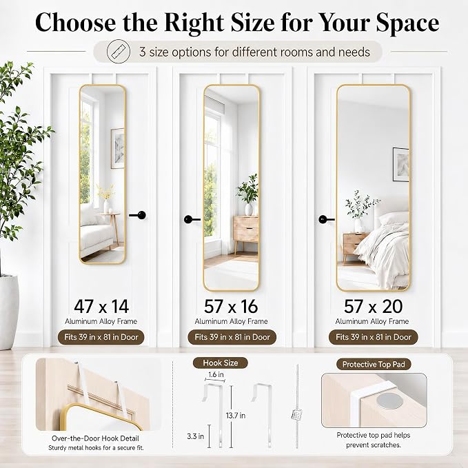 SCWF-GZ 57x20 Full Length Mirror Over The Door Hanging, Floor Stand/Wall Mounted Aluminum Alloy Frame Dressing Mirror for Bedroom Living Room 57 inch Gold