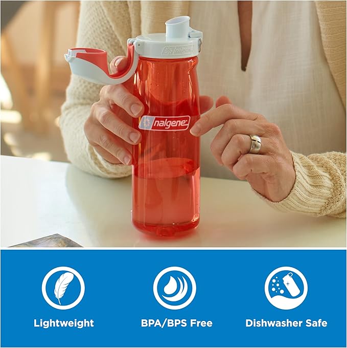 Nalgene 24 oz On The Fly Lock-Top Water Bottle, Coral w/Frost Coral | Easy Chug Cap with Locking Lid, Cup Holder Size, BPA-Free, Durable & Leak Proof, Slim Travel Bottle for School & Sports