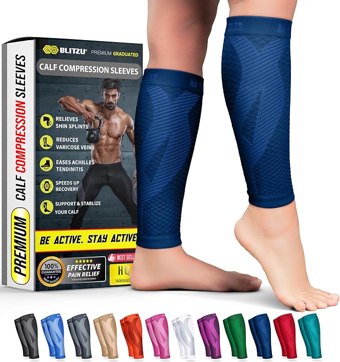 BLITZU Calf Compression Sleeves, Footless Compression Socks for Men & Women | Leg Support Brace, Shin Splint Pain Relief, Reduce Varicose Vein Swelling, Muscle Recovery, Running, Nursing, Fitness, Travel