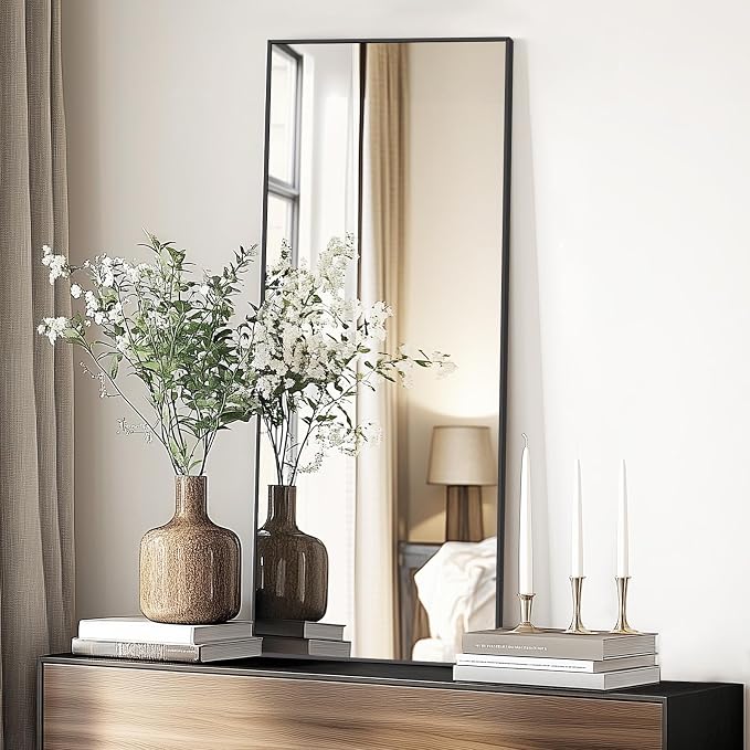 56"x18" Full Length Mirror, Black Floor Mirror with Stand | Rectangular, Hanging or Leaning Against Wall, Aluminum Alloy Frame, Tempered Glass, for Bedroom Living Room Dorm