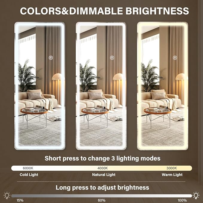 LED Full Length Mirror 71"x 26" - Lighted 3 Color Lighting | Floor Mirror with Dimming & , Mirror Full Size with Round Corner Standing Leaning or Hanging for Bedroom Cloakroom White