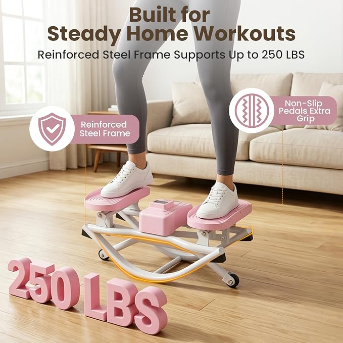 Rock Stepper for Home Exercise, Side-to-Side Mini Stepper with Bands, Low-Impact Cardio for Glutes Legs Core, Quiet LCD Fitness Machine