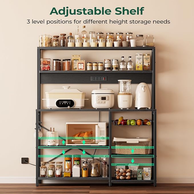 SUPERJARE Bakers Rack with Power Outlet, 47.2 Inches Coffee Bar with Basket | Kitchen Microwave Stand with 3 Level-Adjustable Open Shelves, with 7 S-Shaped Hooks, Black