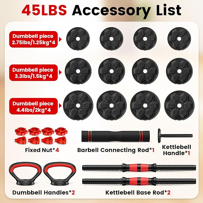 Adjustable Dumbbell Set, 20/33/45/70/90lbs Free Weight Set with Connector, 4 in1 Dumbbells Set Used as Barbell, Kettlebells, Push up Stand, Weight Set for Home Gym Suitable Men/Women