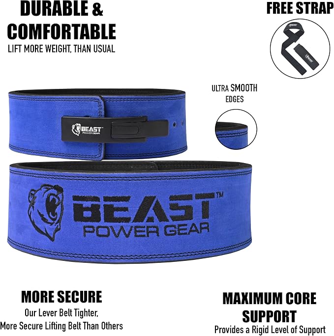 Beast Power Gear Weight Lifting Belt Lever Buckle 10MM 13MM Thick & 4 Inches Free Strap Weightlifting, Powerlifting, Deadlifts, Squats Men Women