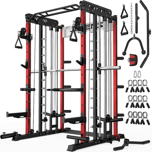 JELENS Smith Machine for Home Gym, Multi-Function M12 Power Cage with Cable Crossover System, Squat Rack with Smith Bar and More Attachment