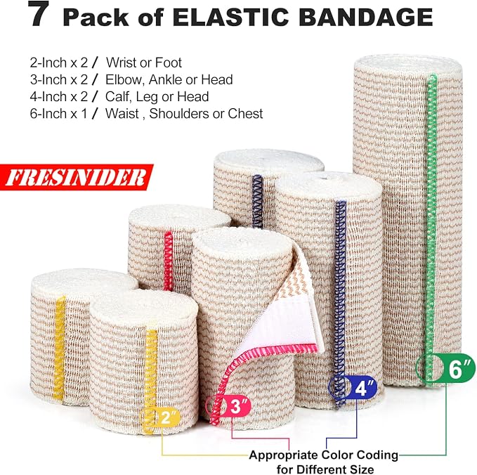 FRESINIDER Premium Elastic Bandage Wrap 7 Pack Mix 2,3,4,6 Inch Hook & Loop | Assorted-Width Cotton Compression Set Covers Wrist, Ankle, Knee and Thigh; Secure Ends for Sports, First Aid and Recovery.