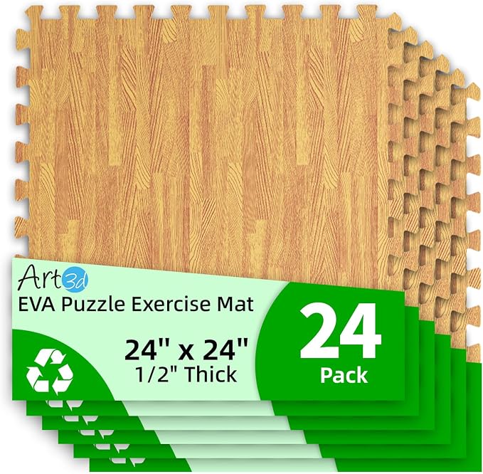Art3d 24 Pack 24" x 24" EVA Interlocking Exercise Mats, 1/2" Thick Foam Puzzle Flooring for Workout, Gym Equipments, Training Areas, 96 Sq.FT, Teak