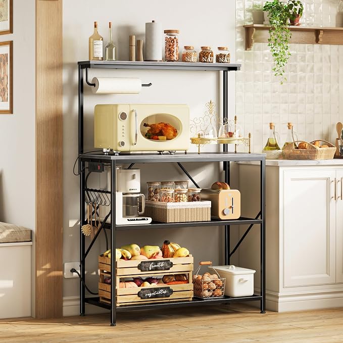 Huuger 4-Tier Bakers Rack with Reversible Power Outlet, 31.5 Inch Microwave Stand, Kitchen Coffee Bar, with Top Shelf, 6 S Hooks, Grey