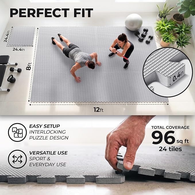 bemaxx Gym Mats Set - 24 pcs EVA Interlocking Foam Floor Tiles (24.4"x24.4"x0.4") 96 sqft Protective Gym Flooring Sports Home Workout Exercise Mats Puzzle Garage Fitness Play-Room Pool Treadmill Bike