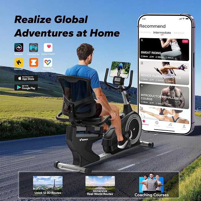MERACH Recumbent Exercise Bikes for home, Light Commercial High-end Recumbent Bike for Seniors Adults, Magnetic Recumbent Exercise Bike with Smart Bluetooth and Exclusive App, LCD, Heart Rate Handle