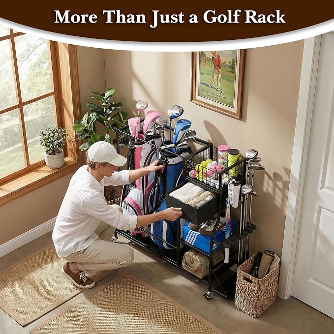 Faesun Golf Bag Organizer for Garage, Golf Bag Storage Rack with 6 Club Slots, Golf Club Organizer with Fabric Drawer & Wheels, Golf Storage Organizer Holds 2 Bags, Golf Rack Storage System