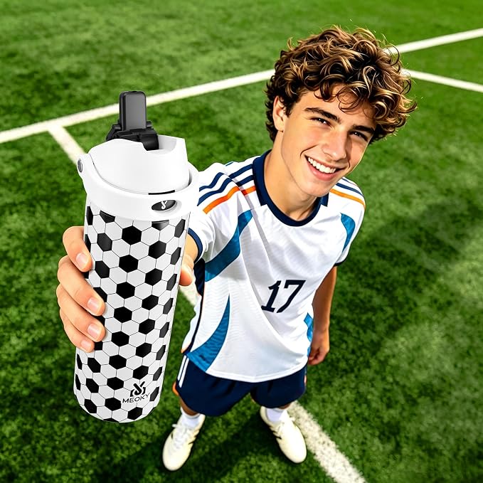 24 oz Insulated Water Bottle with Straw: Meoky Stainless Steel Soccer Water Bottle with 2-in-1 Lid - Leak Proof, Cold for 24 Hours, Fits in Car Cup Holder, Soccer Gifts for Boys Girls, Arena Light
