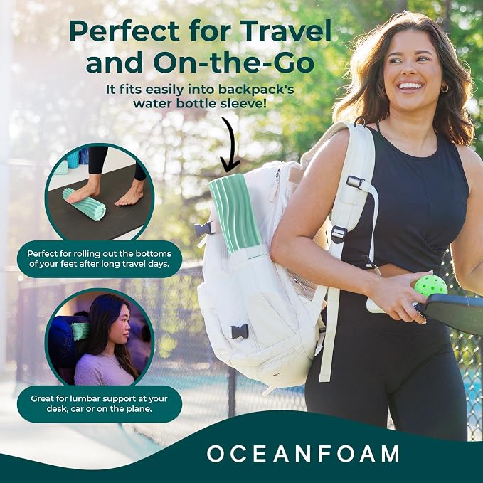 Oceanfoam Ripple Travel Foam Roller (11" x 3.35") Firm Mini Foam Roller for Physical Therapy, Deep Tissue Massage, Back Pain - High Density, Ergonomic Wave Textured - Yoga, Pilates, Exercise (Seafoam)