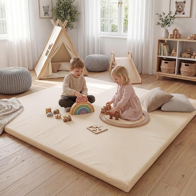 Huloo Sleep Baby Play Mat 74x50 Inches, 1.3" Thick Padded Waterproof Floor Cushion & Playpen Mat with Vegan Leather, Non-Slip & Non-Toxic Nursery Rug for Infants, Toddlers & Kids(Beige)