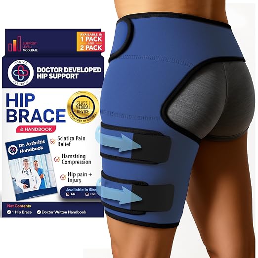 Dr. Arthritis Hip Brace, Adjustable Sciatic Nerve Brace & Stabilizer for Pulled Muscles & Injury Recovery, Hamstring Compression Sleeve Support, Sciatica Pain Relief Devices for Men & Women (S/M, Navy)