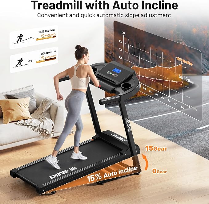 JELENS Treadmill for Home with 0-15% Auto Incline, Foldable Walking Pad Treadmill with 330LBS Weight Capacity and Pulse Sensors, 3.0HP Quiet Walking Pad with App and LCD Display