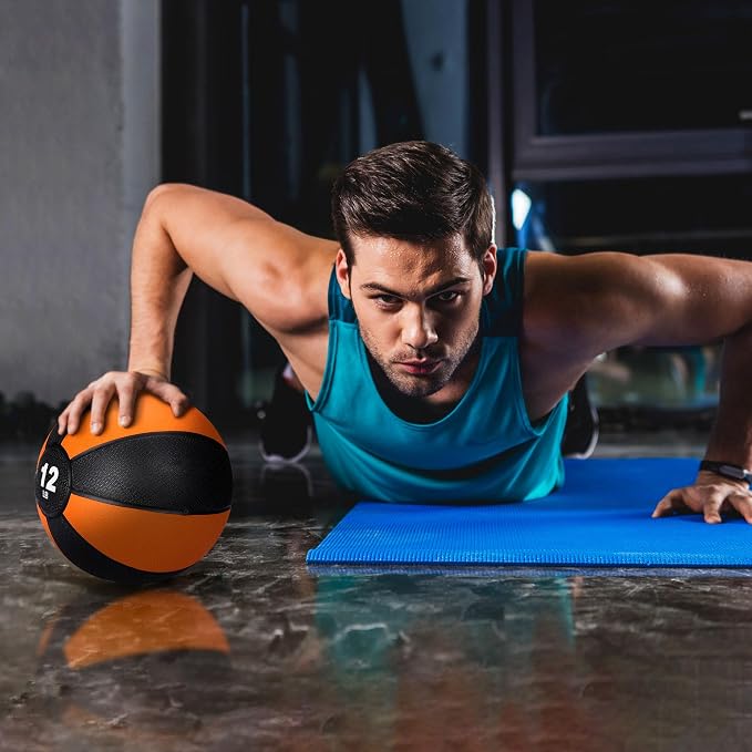 12lb Slam Medicine Ball Weighted Fitness Workout Ball with Rubber Shell Textured Grip for Core Strength, Exercise, Cardio, Balance and Flexibility Improves