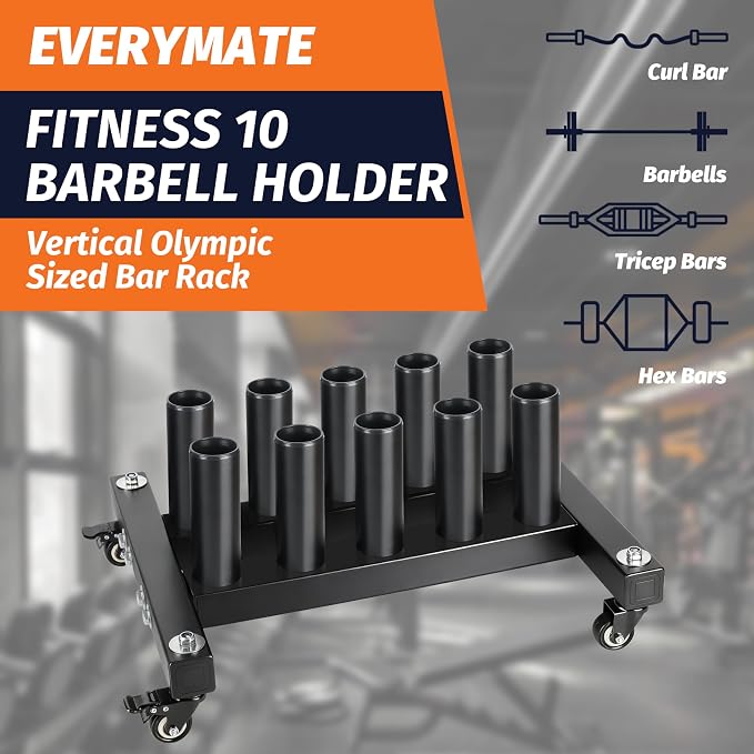 EVERYMATE Vertical Barbell Rack - Heavy-Duty Steel Organizer, Barbell Holder Floor Stand, Fits 2" Olympic Bars with Scratch-Resistant Inserts, Space-Saving for Home/Garage/Commercial Gym
