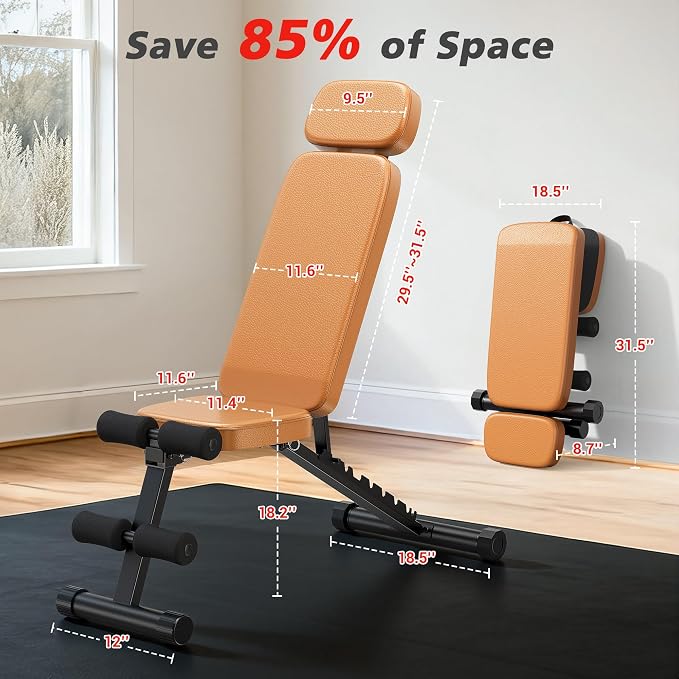 XDDIAS Workout Bench, 10 Backrests Adjustable Weight Bench with Extended Headrest, 800LBS Foldable Weight Bench for Home Gym, Incline Decline Flat Bench Compact for Small Space Training