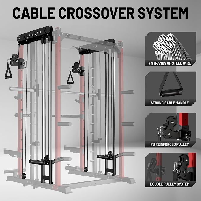 JELENS Smith Machine for Home Gym, Multi-Function M12 Power Cage with Cable Crossover System, Squat Rack with Smith Bar and More Attachment