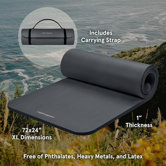 Retrospec Solana Yoga Mat 1" Thick w/Nylon Strap for Men & Women - Non Slip Exercise Mat for Home Yoga, Pilates, Stretching, Floor & Fitness Workouts