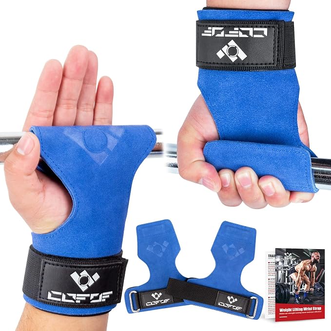 Weight Lifting Wrist Strap, Double-Layer Leather for Deadlift Powerlifting | Gym Strap with Adjustable Neoprene Padded Fit for 6.3–8 Inch Wrist, 8.07-Inch Leather Strap, Gym Workout Lifting Hook (Pair)
