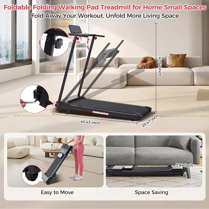 KASSADIN Portable Treadmills for Home Small, Walking Pad with Handle Bar, 3.5HP Electric Mini Treadmills for Home Exercising, Walking Pad Treadmill with Handle Bar and Incline, 0.6-10MPH, 400LBS
