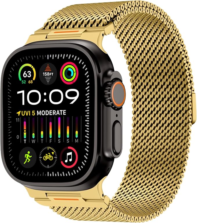 Bands Compatible with Apple Watch Ultra 3/2/1 Band 49/46/45/44mm | Milanese Loop Magnetic Stainless Steel Strap for iWatch Ultra SE 3/2/1 Series 11 10 9 8 7 6 5 4 3 2 1 Men, Gold